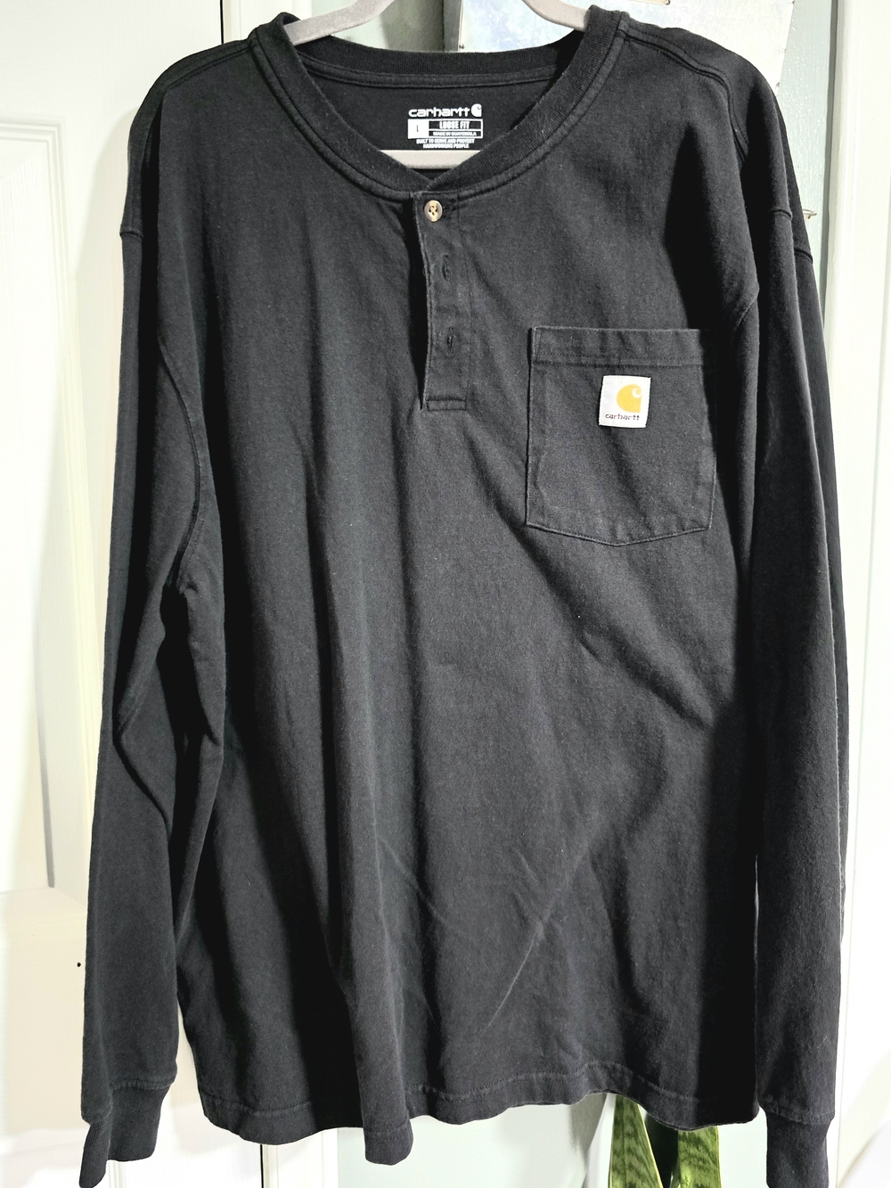 Carhartt Black Long-Sleeve Henley Pocket Tee with Logo Patch
